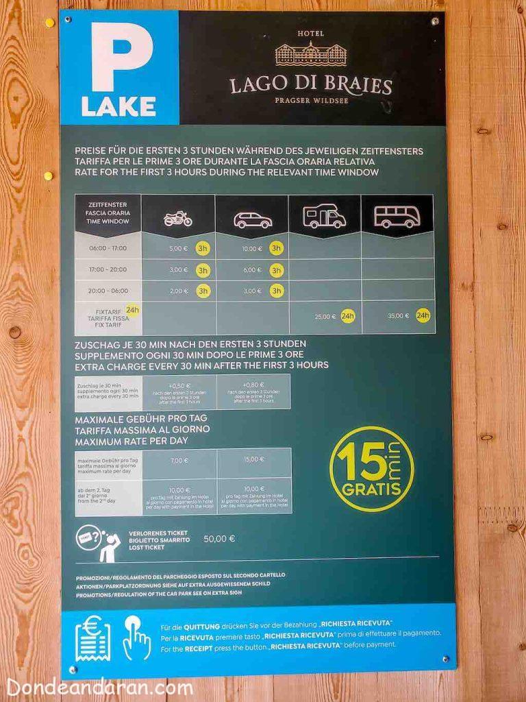 Precio parking lago Di Braies, Dolomitas