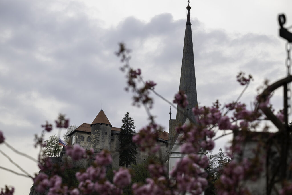 Castillo y torre de la iglesia, desde Bled.